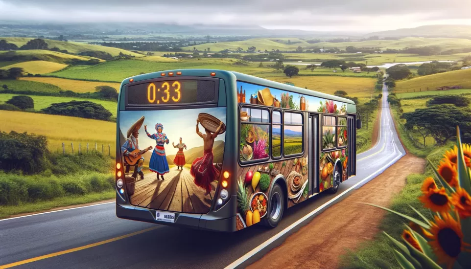 Utiliza&ccedil;&atilde;o de busdoor para divulgar eventos culturais e festas populares em &aacute;reas rurais do Paran&aacute;.